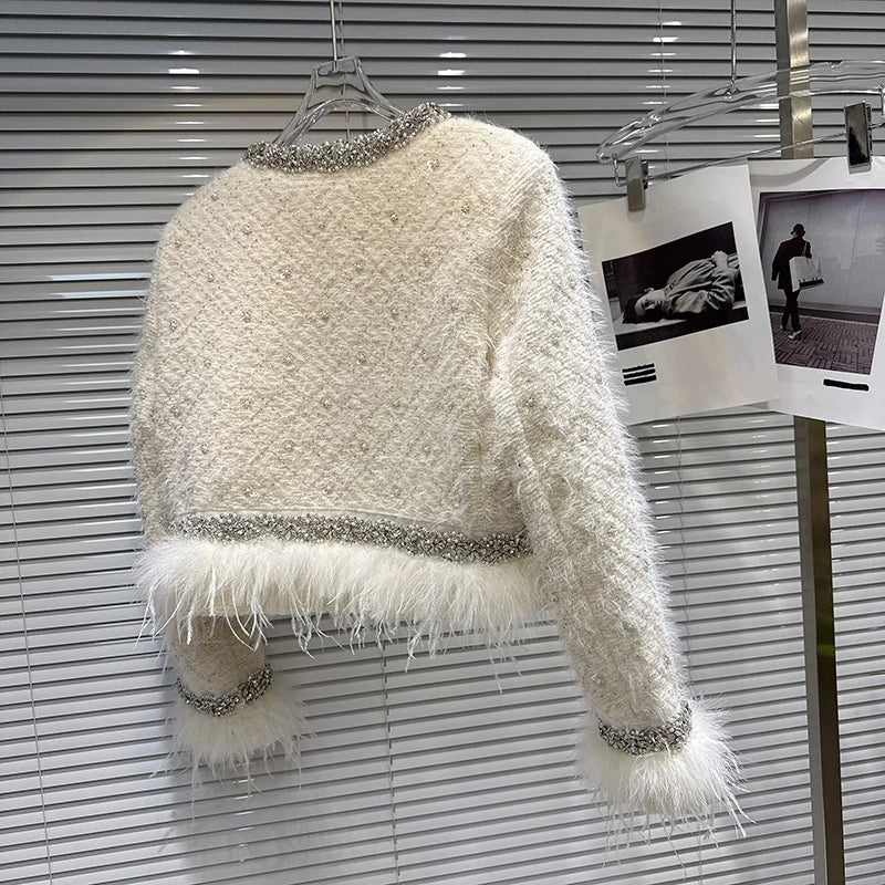 Winter New Fashion Heavy Embroidery Rhinestone Collar Ostrich Feather Cotton Coat For Women Short Jacket 11A07811