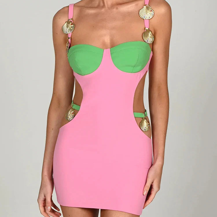 Articat Metal Shell Spaghetti Strap Women Dress Orange Patchwork Hollow Out Maxi Dress Female Skinny Elegant Party Clubwear 2022 Pink Mini Dress