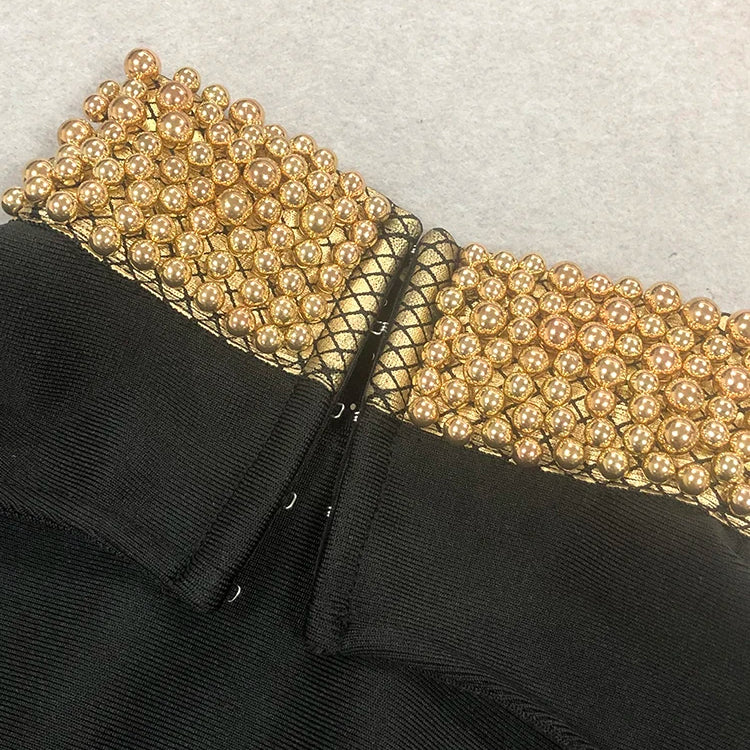 Winter Black Women Long Sleeve Sexy Golden Beading Bodycon Bandage Maxi Runway Cocktail Celebrity Evening Club Party Dress