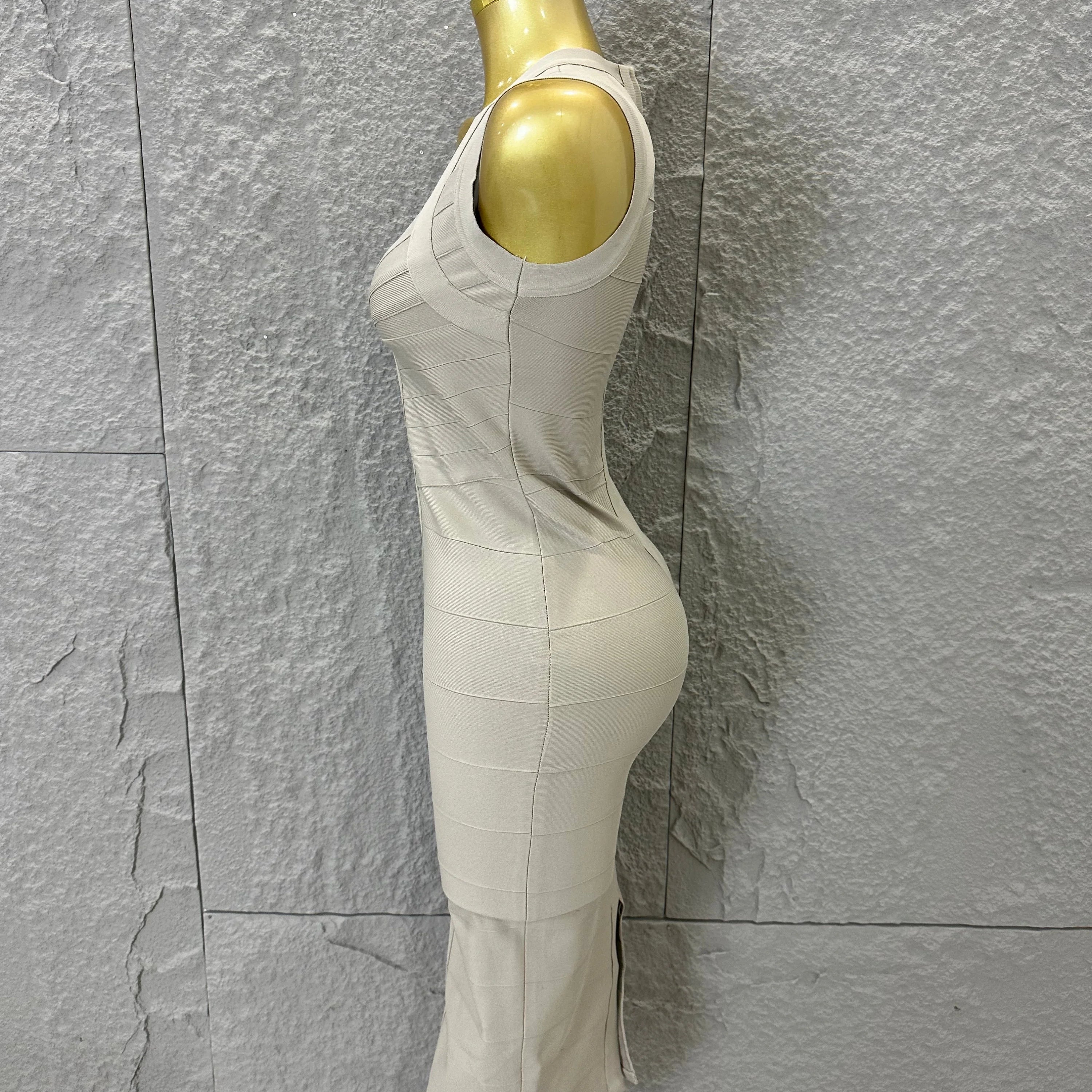 2026 Elegant Beige Bandage Midi Dress Women Sleeveless Deep V Neck Bodycon Cocktail Party Evening Gown Formal Event Wear
