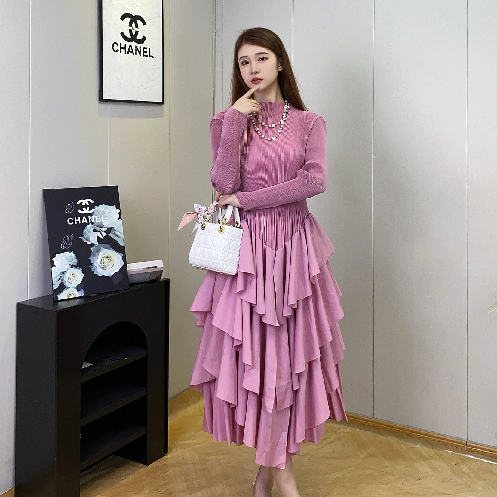 2024 Hot Selling Ladies Casual Pleated Stretch Loose Round Neck Long Sleeve Pleated Cake Dress Lavender One Size