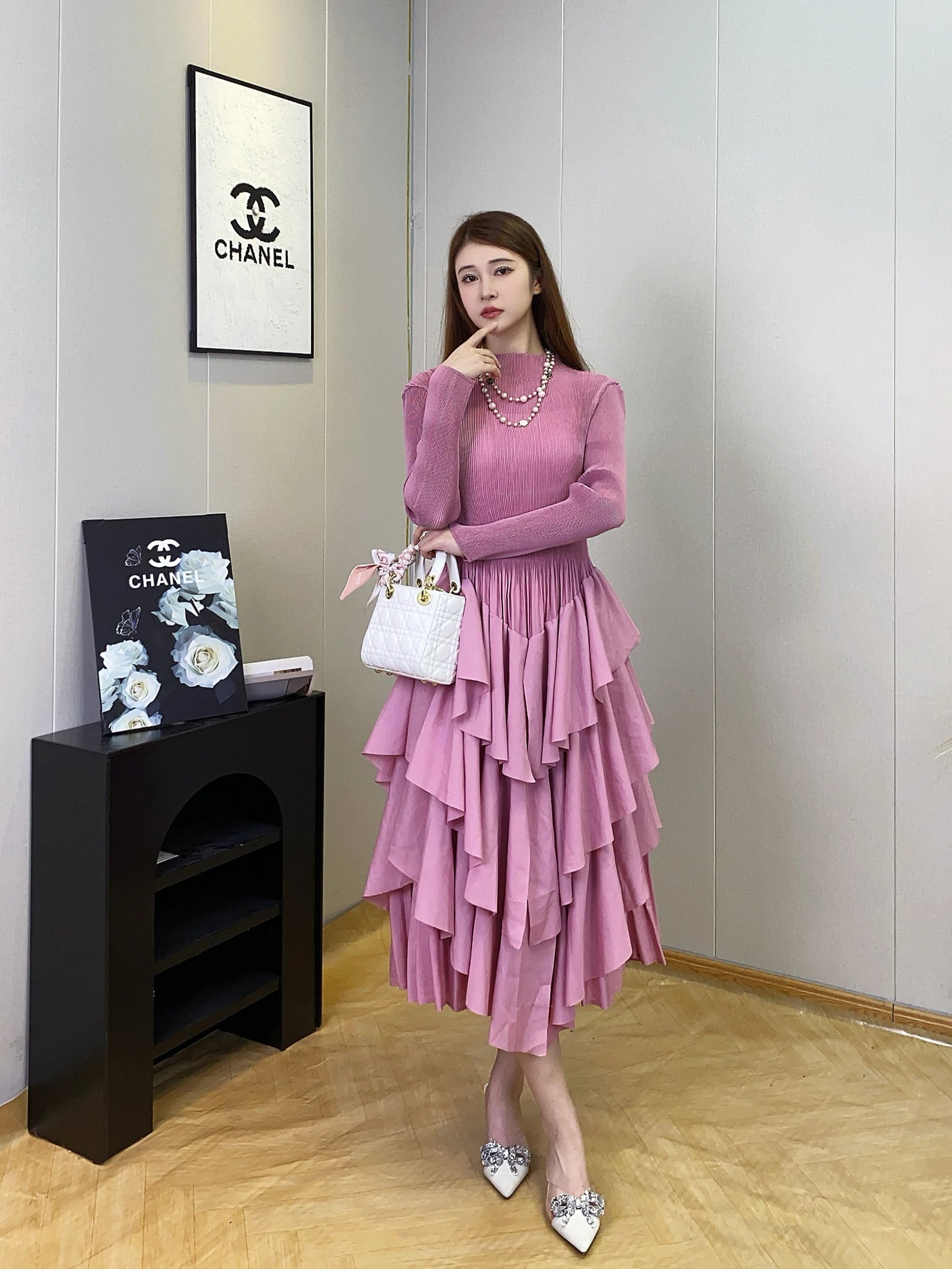 2024 Hot Selling Ladies Casual Pleated Stretch Loose Round Neck Long Sleeve Pleated Cake Dress Lavender One Size