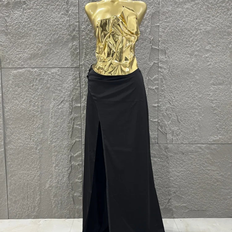 Hot Sale Discount Women Sexy Golden Tops Floor-length Skirt 2 Pieces Straight Dress Elegant Evening Party Celebrate Outfit black