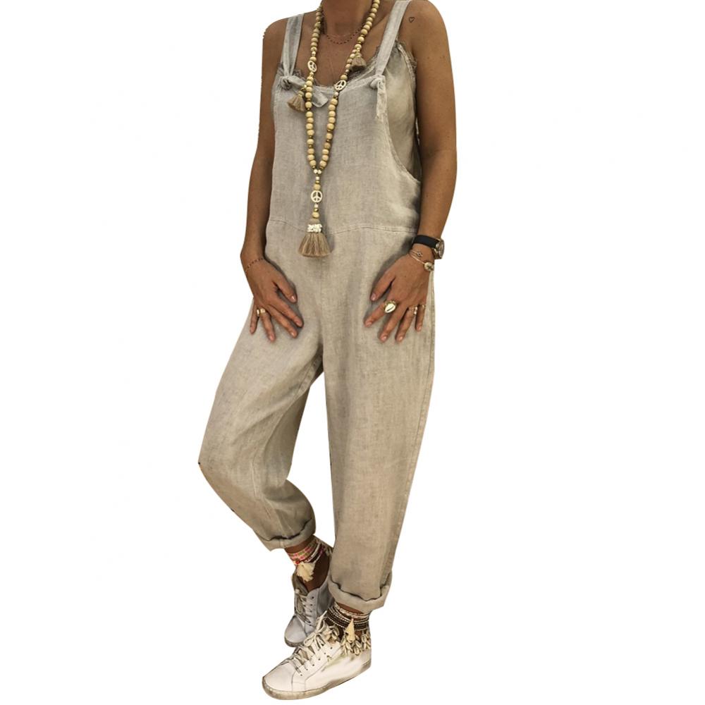 Solid Color Casual Overall Sleeveless Women Jumpsuit Straps Jumpsuit Loose Adjustable Bib women Bib Grey
