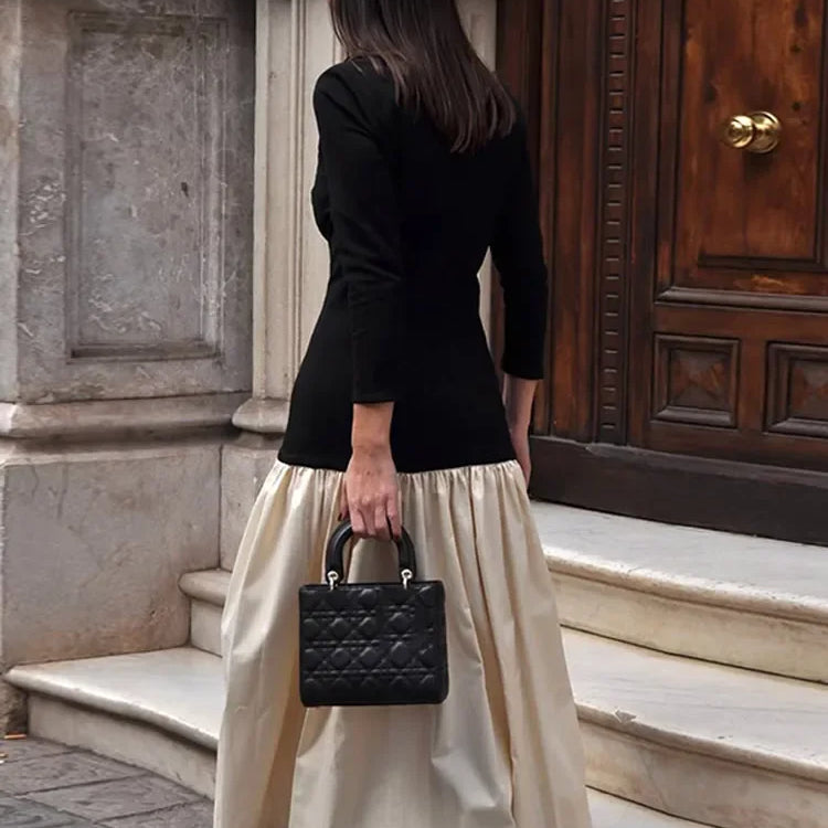 Elegant Round Collar Long Sleeve Slim Robe Women Contrast Spliced Pleated Hem Long Dress New Lady Fashion Evening Party Dresses