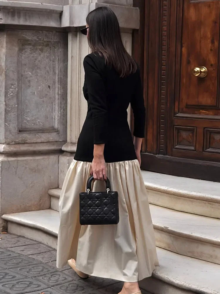 Elegant Round Collar Long Sleeve Slim Robe Women Contrast Spliced Pleated Hem Long Dress New Lady Fashion Evening Party Dresses