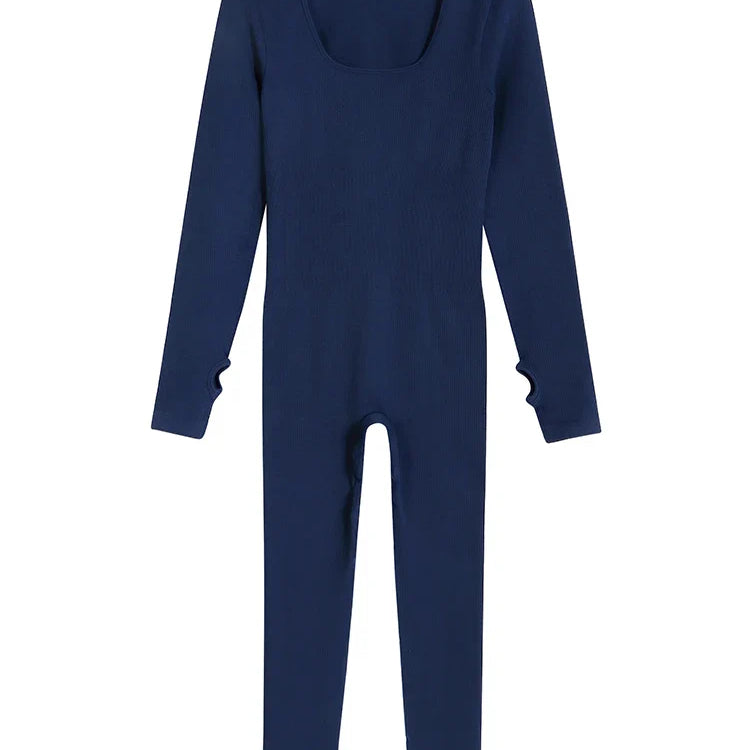 Women Yoga Jumpsuits One Piece Workout Ribbed Long Sleeve Rompers Square Neck Sport Exercise Bodysuits Gym Sportswear Navy