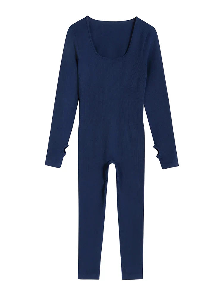 Women Yoga Jumpsuits One Piece Workout Ribbed Long Sleeve Rompers Square Neck Sport Exercise Bodysuits Gym Sportswear Navy