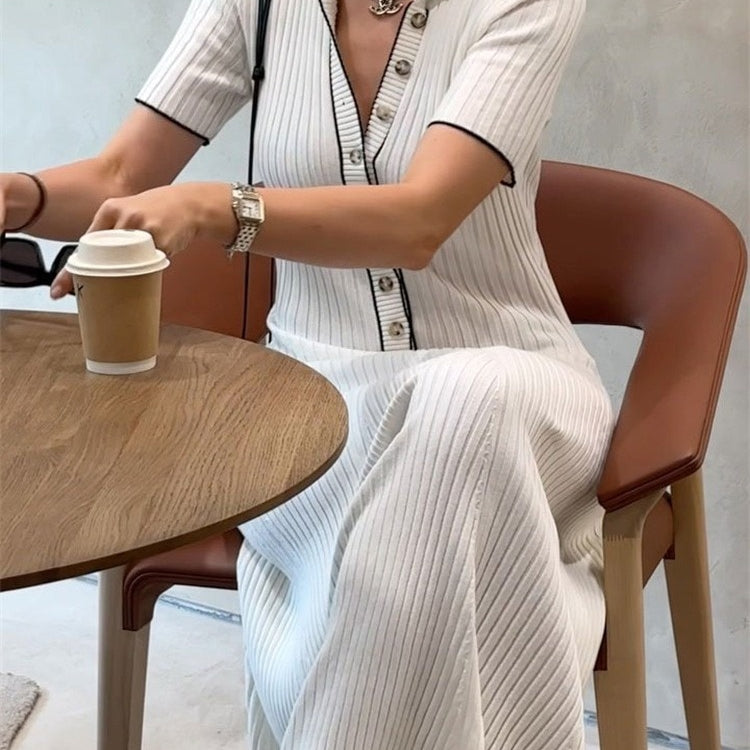 Tossy White Knit Fashion Maxi Dress Women Short Sleeve Patchwork Elegant Party Dress Knitwear Lapel High Street Women's Dress