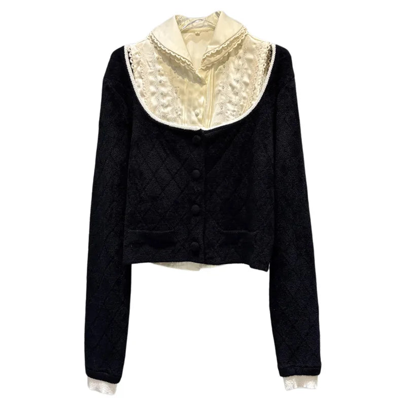 Winter New Sweet Fashionable Lace Turn-Down Collar Vest Elegant Knitted Sweater Two-Piece Set For Women 11A07525