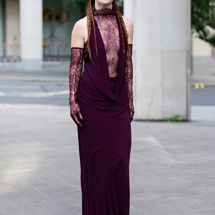 Sexy Turtleneck Lace Patchwork Long Dress Women Sleeveless Backless Pleated Celebrity Evening Party Gowns with Gloves