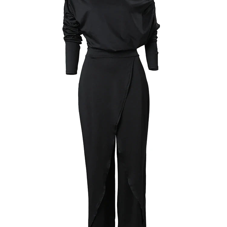 Elegant Jumpsuits for Women Spring New Plain Elegant Office Lady Loose Ruched Cold Shoulder Split Hem Wide Leg Jumpsuit