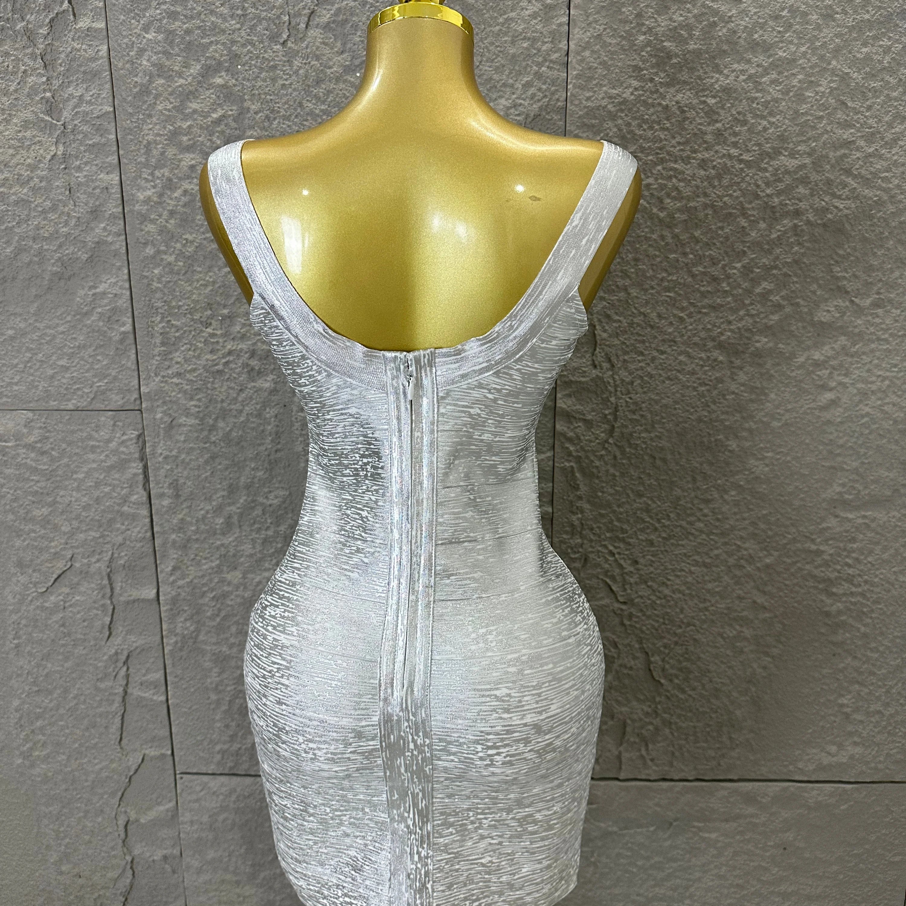 Women Sexy Elegant 2026 Silver Gold Metallic Bandage Mini Dress Women Sleeveless Bodycon Formal Event Cocktail Party Costume
