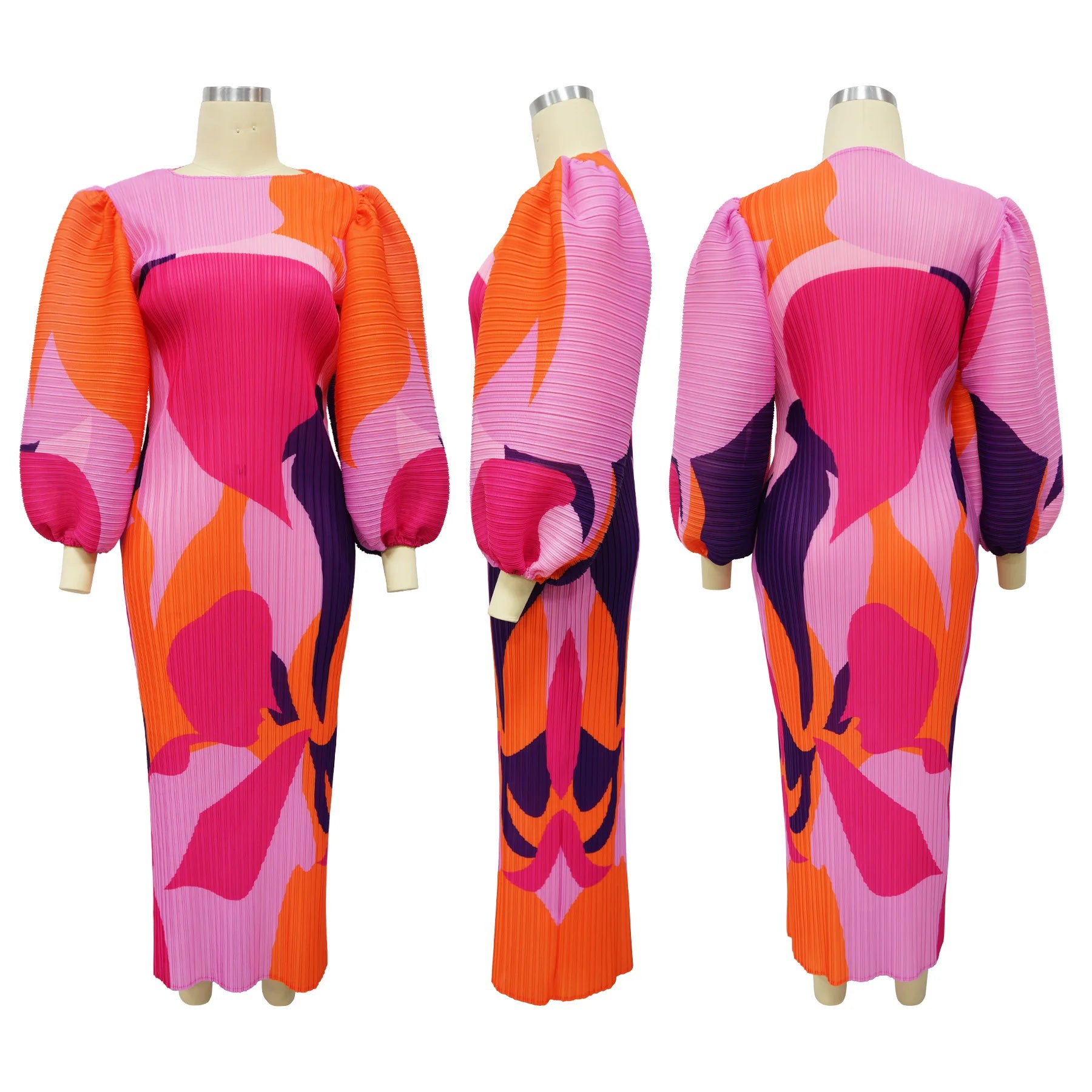 Elegant Women Pleated Half Lantern Sleeve O-neck Slim Maxi Long Dress Print Fashion Autumn 2024 Ruched Dresses Vestidos