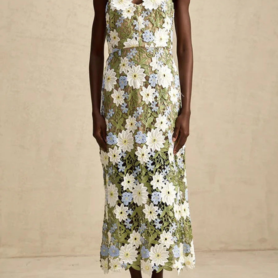 Colorblock Slimming Fashion Midi Dresses for Women Square Neck Sleeveless Patchwork Applique Dress Female Clothing GREEN