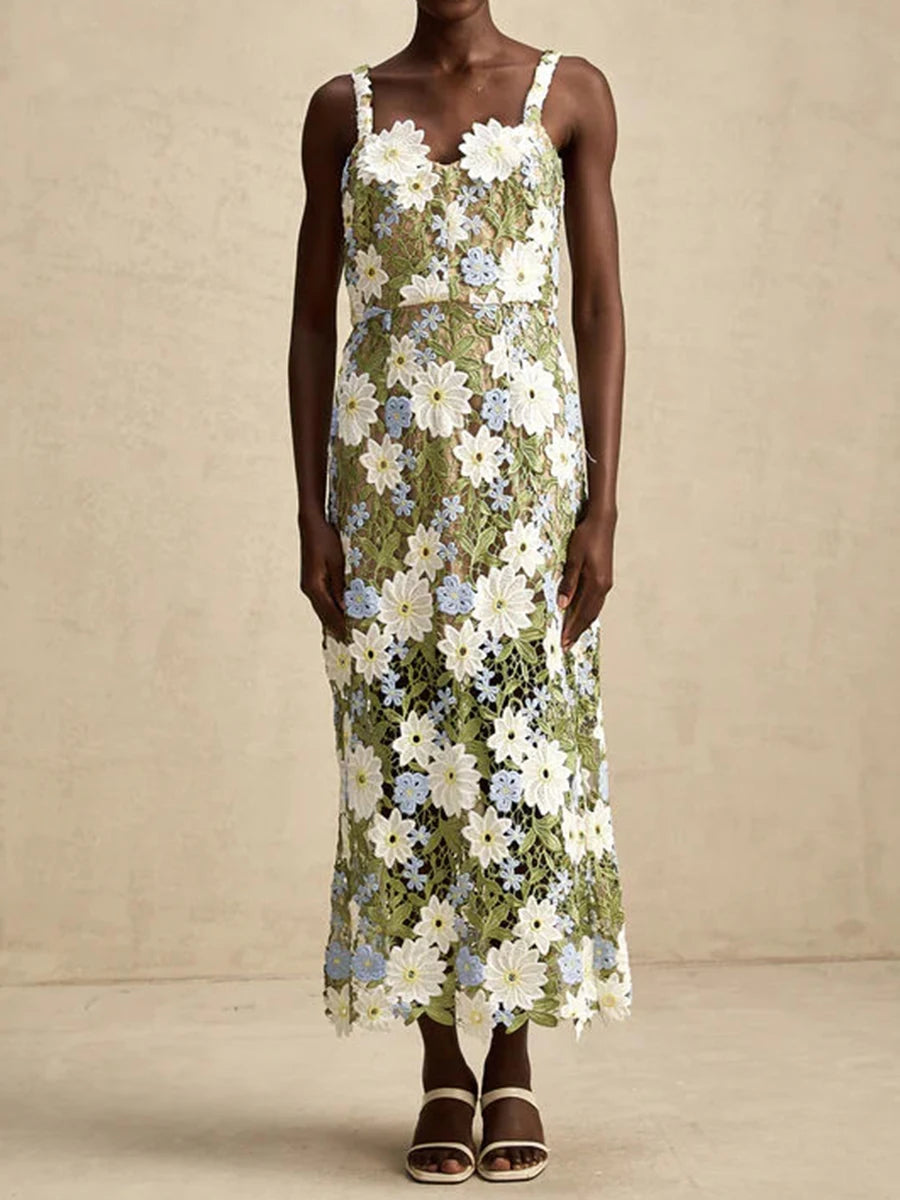 Colorblock Slimming Fashion Midi Dresses for Women Square Neck Sleeveless Patchwork Applique Dress Female Clothing GREEN