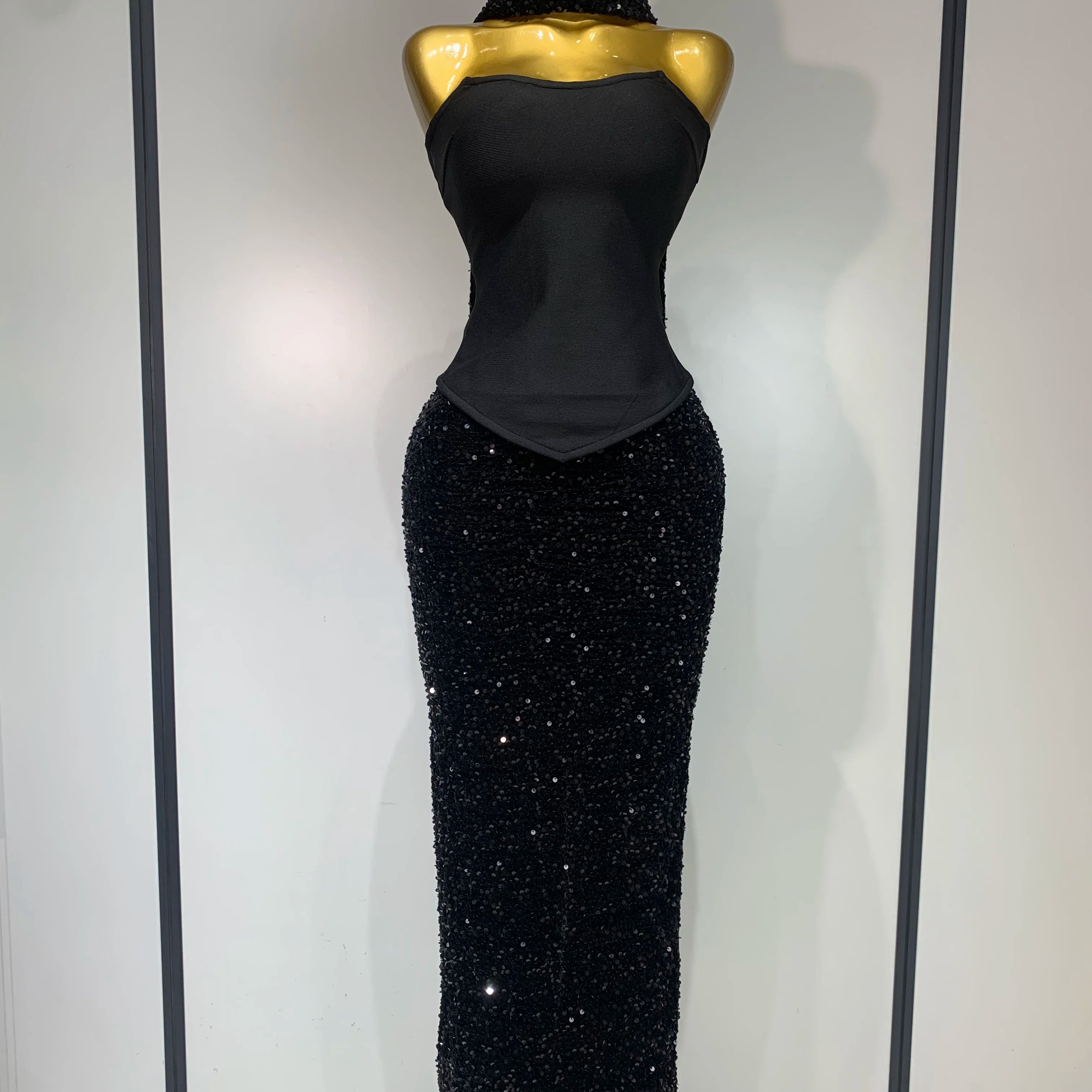 Women Sexy Strapless Sequin Black Maxi Long Bandage Three Piece Set 2025 Knitted Elegant Evening Club Party Birthday Prom Gowns black