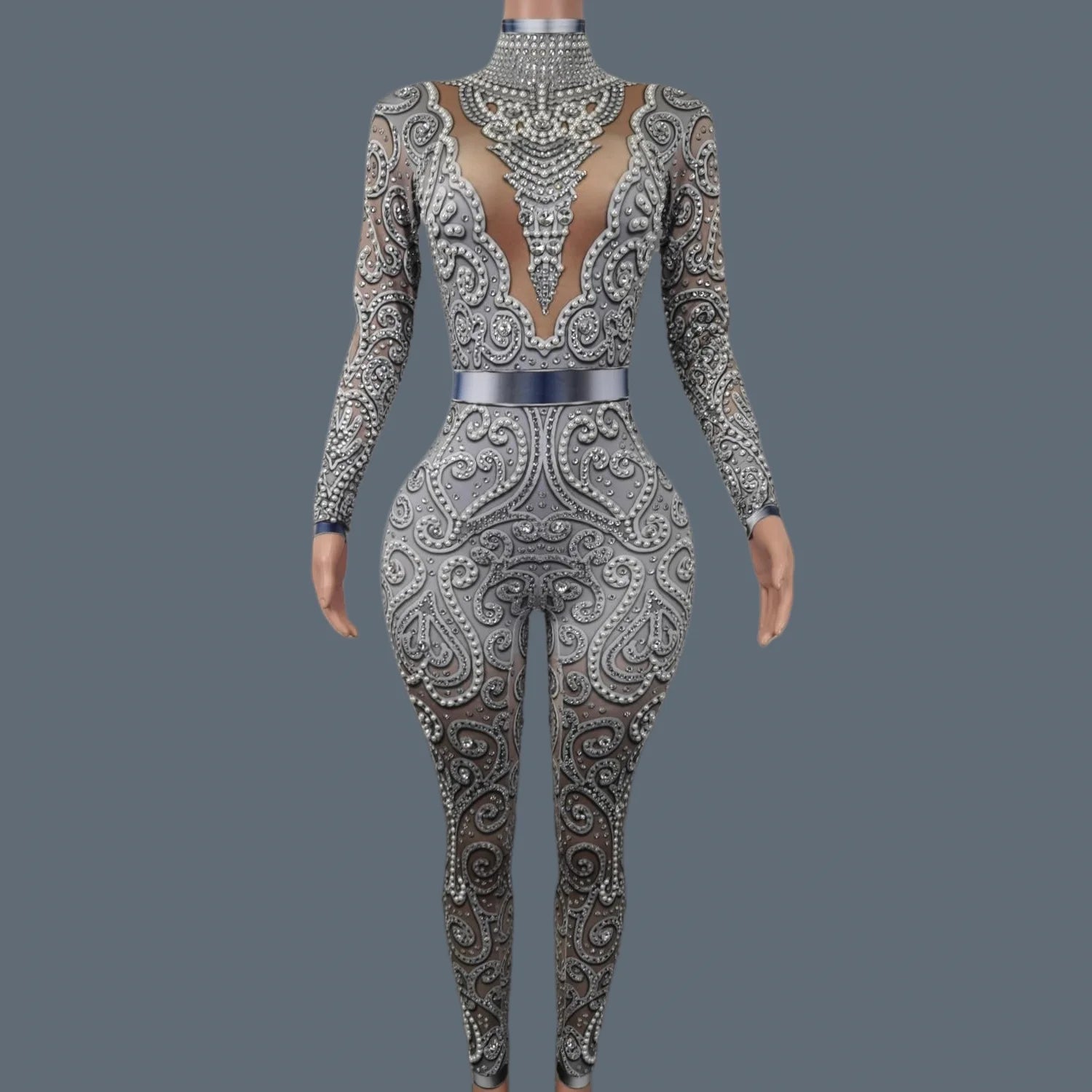 Classic Rhinestones Pearls Spandex Jumpsuit Women Nightclub Party Elastic Sexy Bodysuit Showgirl Performance Stage Wear Quanquan GRAY One Size