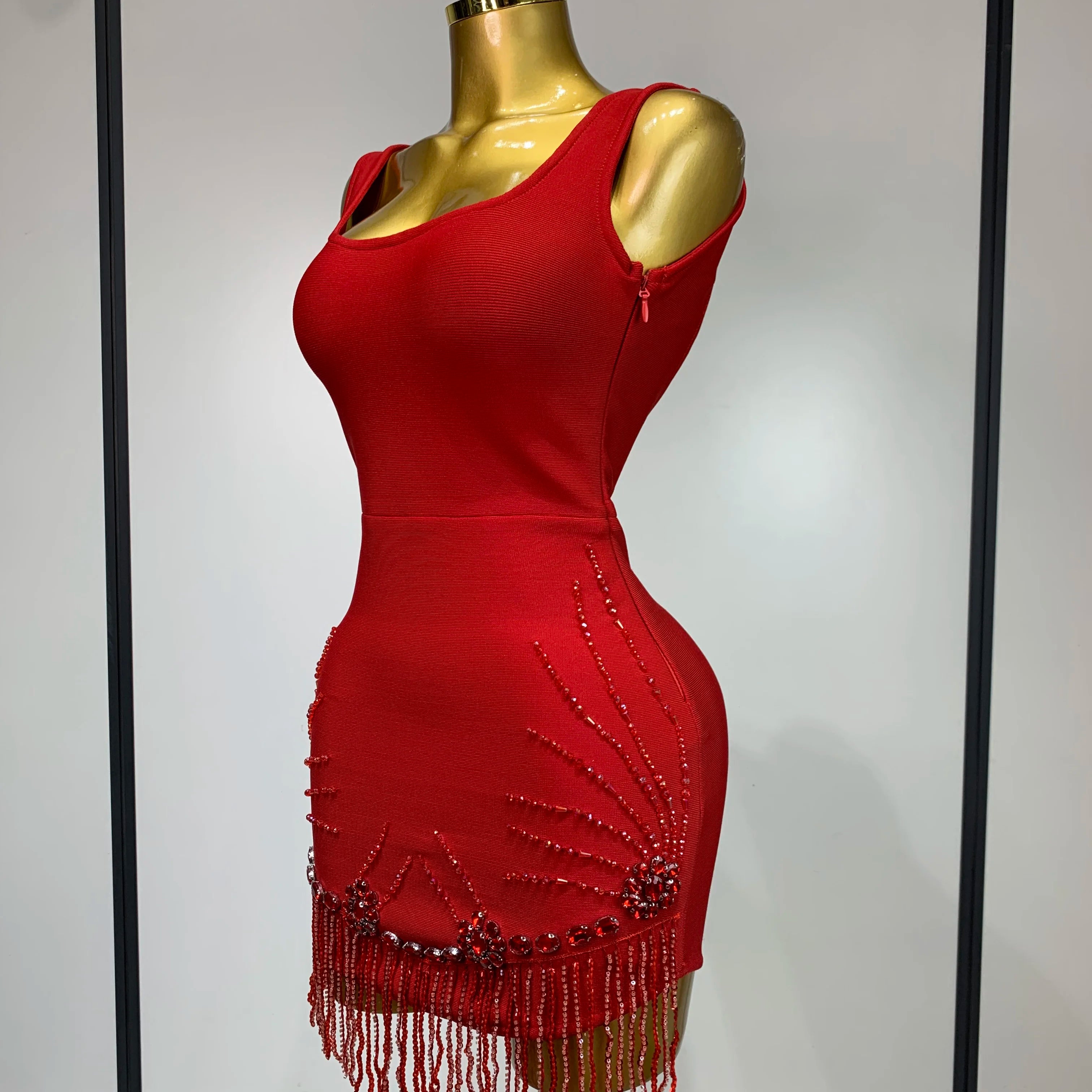 Women Sexy Sleeveless Bandage Dresses Fashion Beading Tassel Clothes Club Evening Party Birthday Elegant Bodycon Dresses