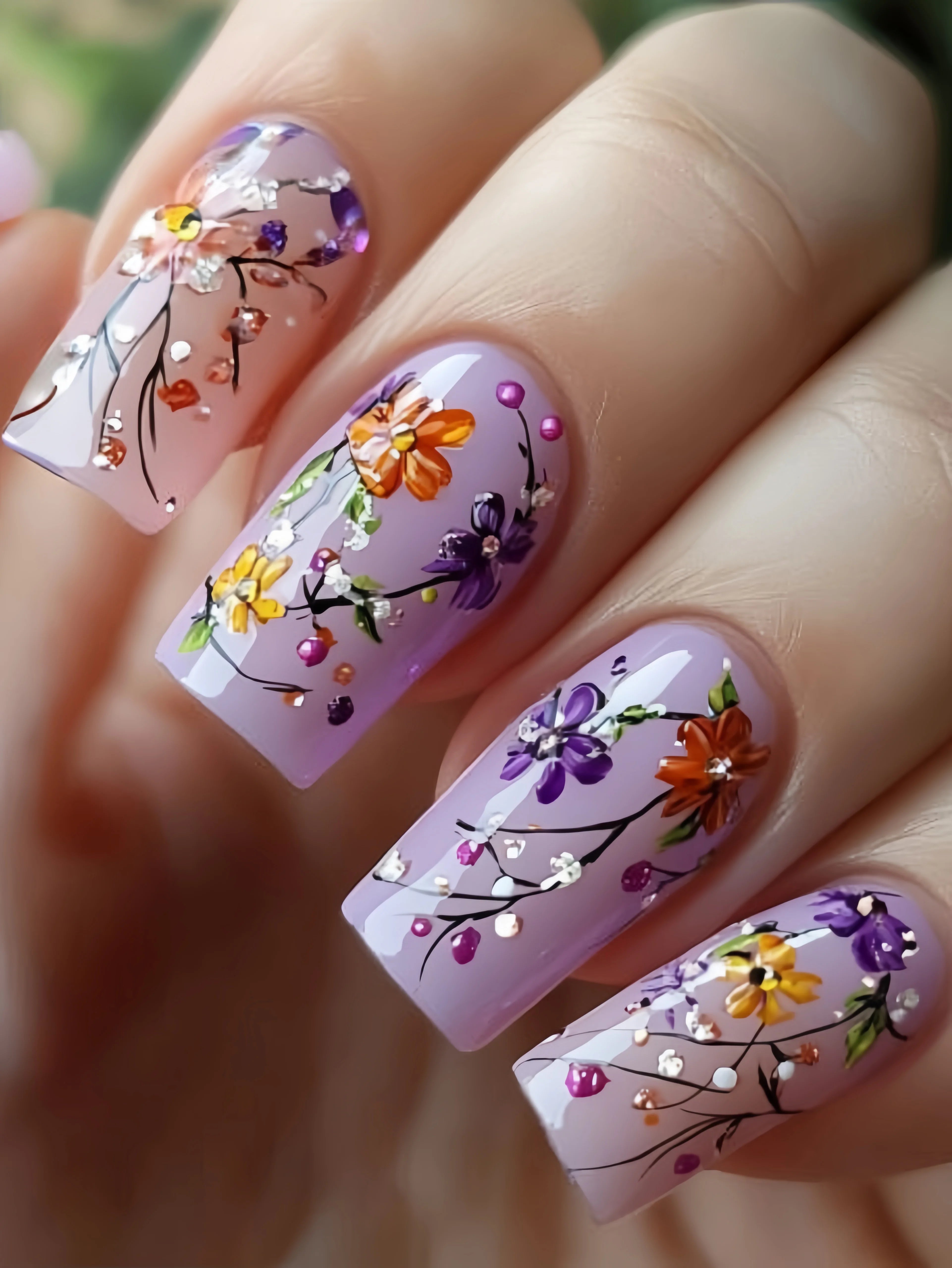 Medium and long square-shaped European manicure, fashionable manicure for New Year and spring and summer, purple gradient flower Lavender
