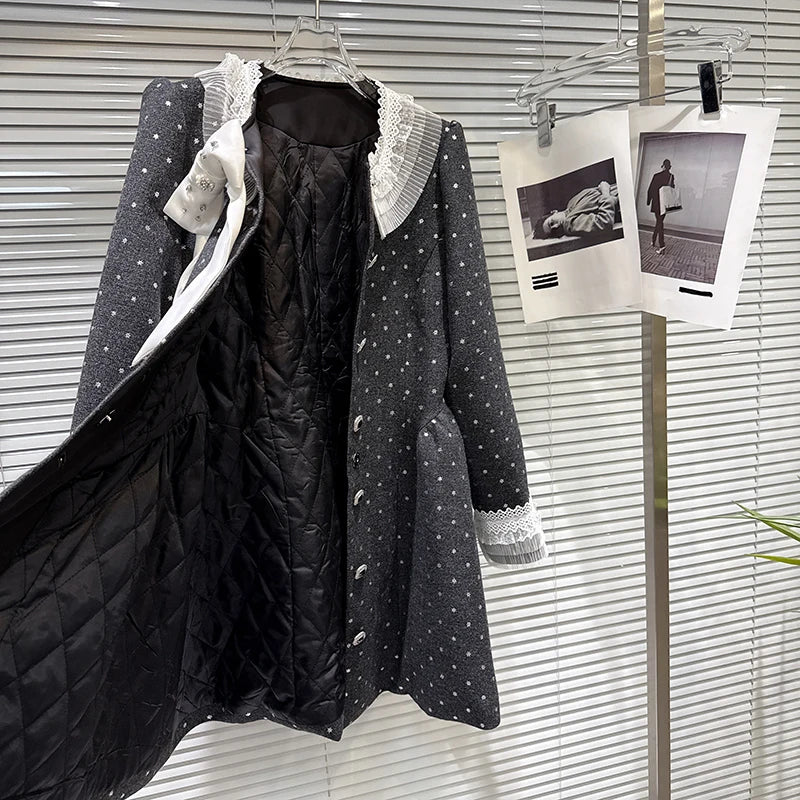 Winter New Fashion Style Diamond Bow Waist Woolen Quilted Trench Coat For Women Elegant Long Windbreaker 11A07557