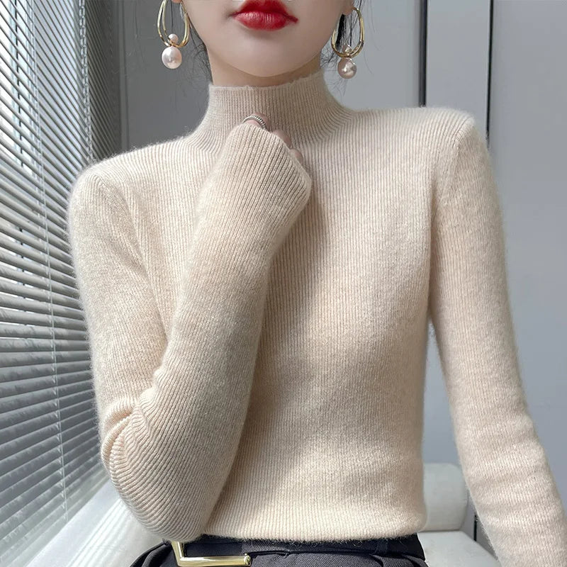 2022 Autumn and Winter Women's Cashmere Sweater Pullover Half Turtleneck Casual Fashion Pure Color Warmth Comfort Beige