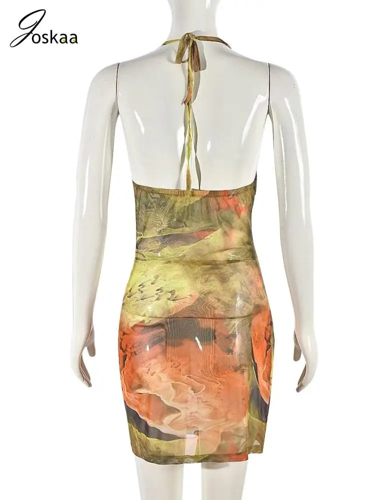 Joskaa Colorful Print Mesh Cutout Irregular Dress Women Hipster Sexy Halter Backless Split Slim Mini Dresses Holiday Wear
