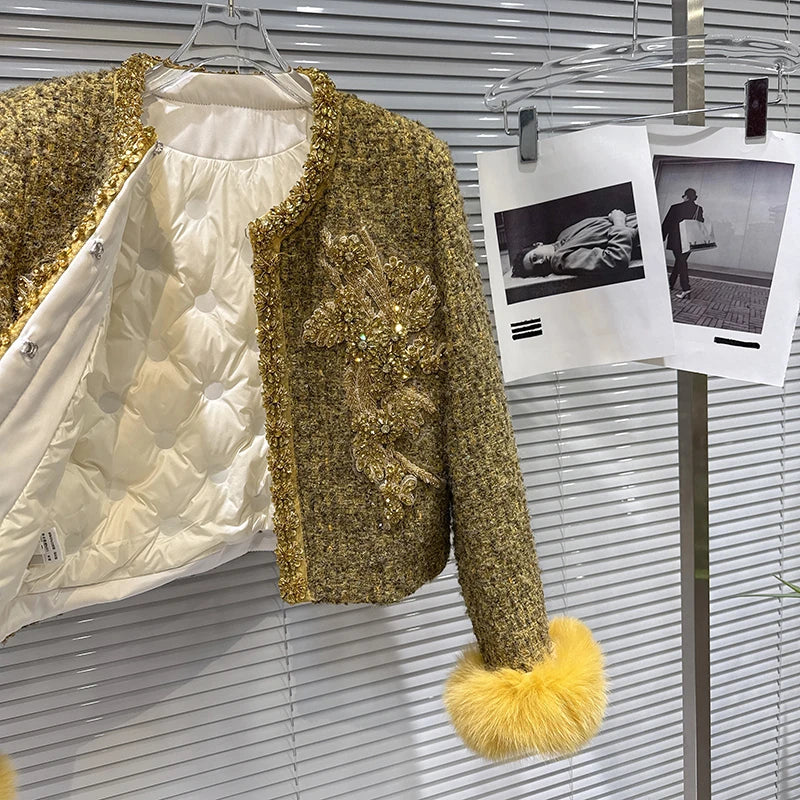 Winter New Fashion Fox Fur Cuff Beaded Embroidery Cotton Inner Short Coat For Women Covered Buttoned Jacket 11A07812