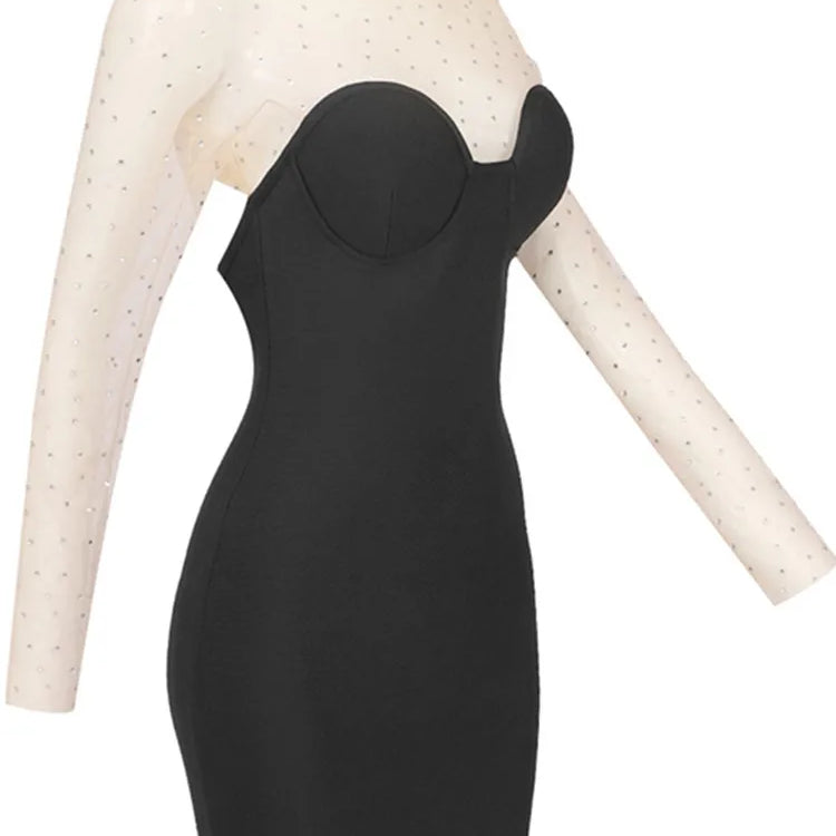 Women Celebrity Sexy Long Sleeve Diamonds Black Mesh Mini Bodycon Bandage Dress 2024 Elegant Evening Club Party Dress