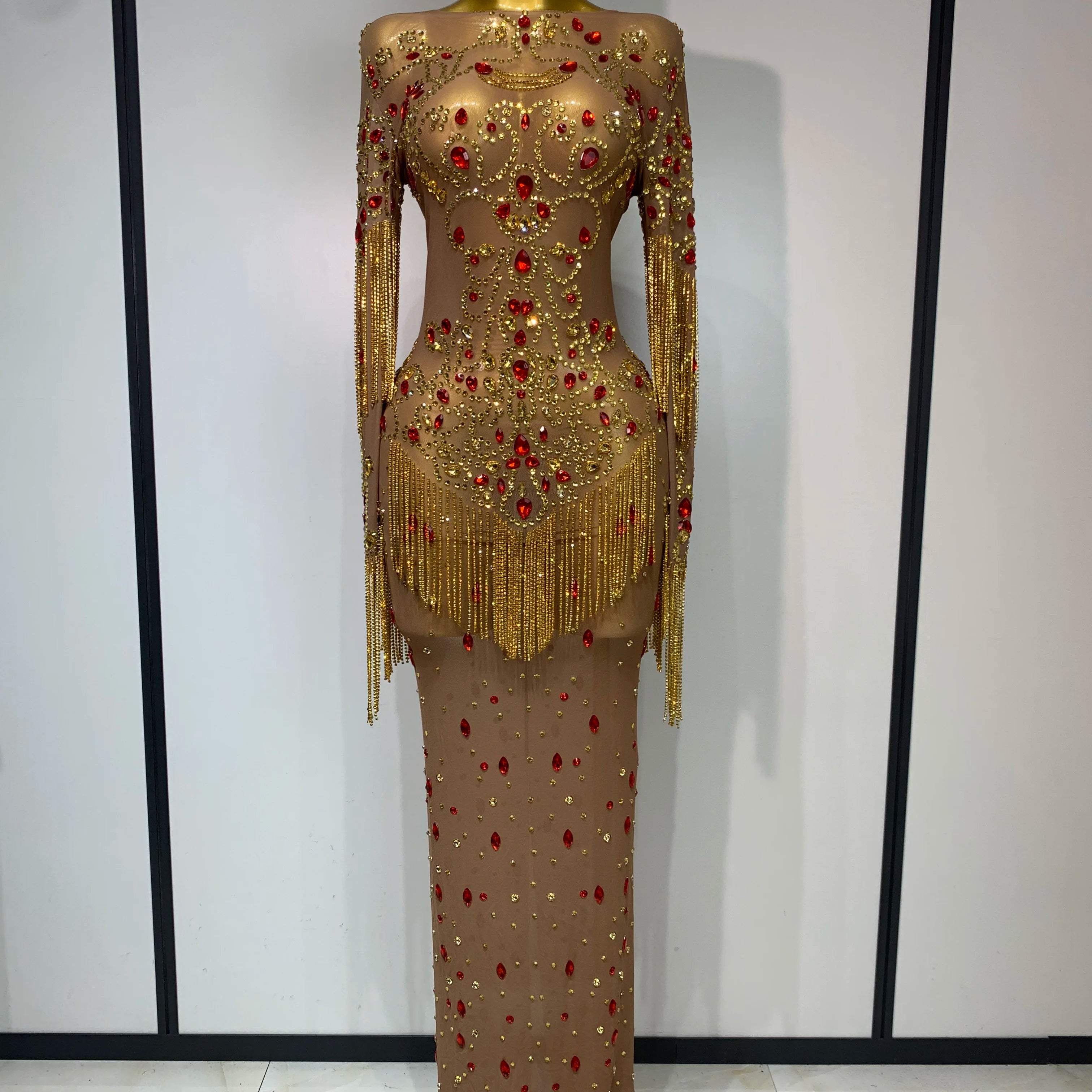See Through Elastic Mesh Sparkly Rhinestone Stage Performan Costume Luxury Birthday Evening Party Wedding Dress Dark Brown