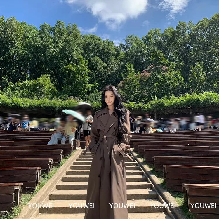 Lautaro Spring Autumn Long Flowy Coffee Trench Coat for Women Belt Double Breasted Loose Casual Overcoat Korean Clothes 2025 Brown