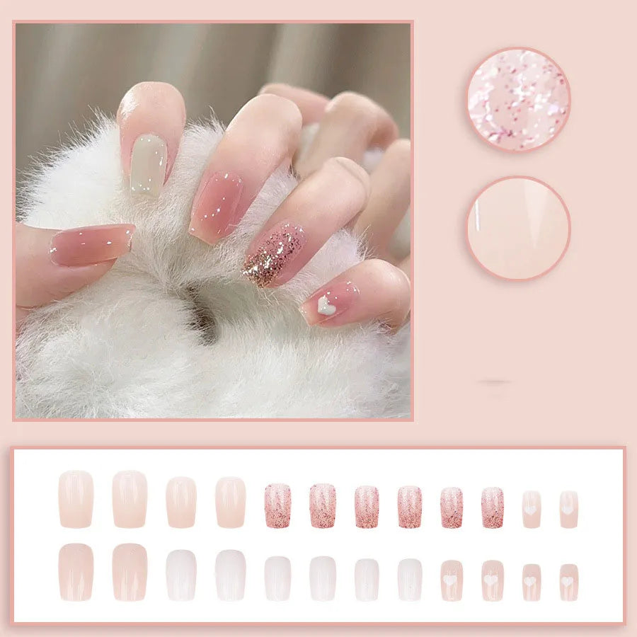 24pcs/set Short Medium fake nails for women girls gradient shiny glitters heart french Square almond tips Press on false nail 2329
