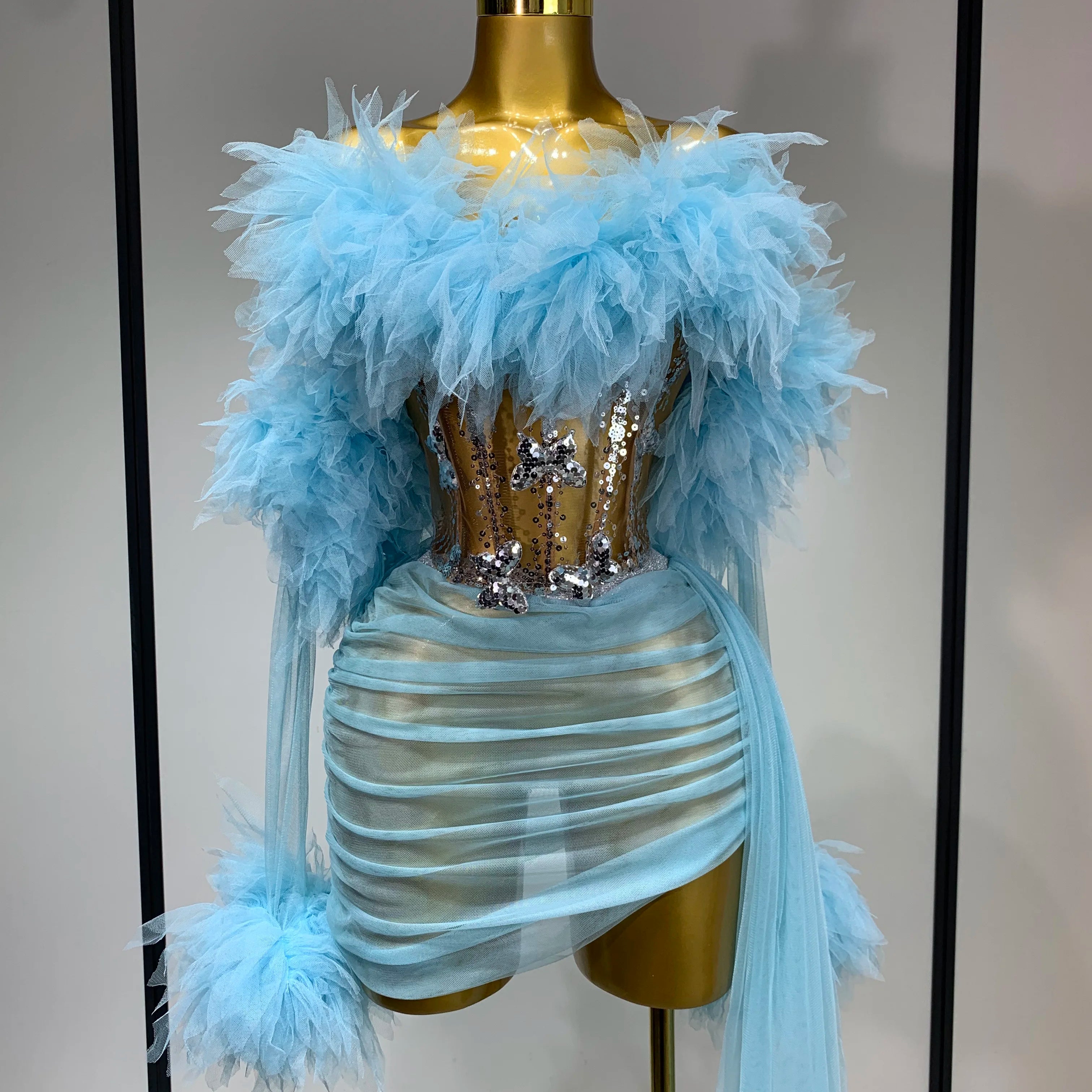 Women Sexy Backless Mesh Transparent Three Pieces Set Performance Dance Costume Nightclub Birthday Photo Shoot Stage Outfit SKY BLUE