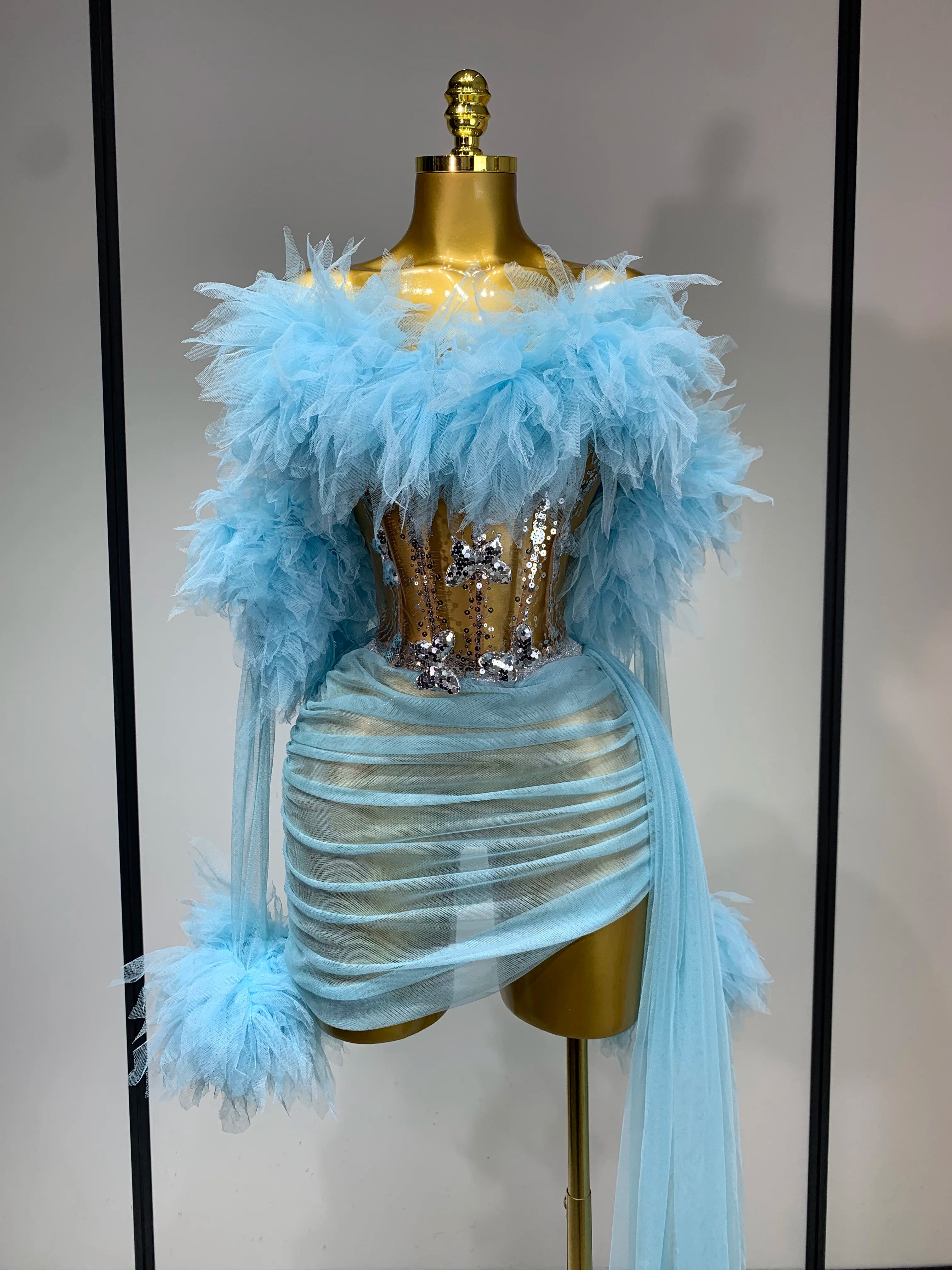 Women Sexy Backless Mesh Transparent Three Pieces Set Performance Dance Costume Nightclub Birthday Photo Shoot Stage Outfit SKY BLUE