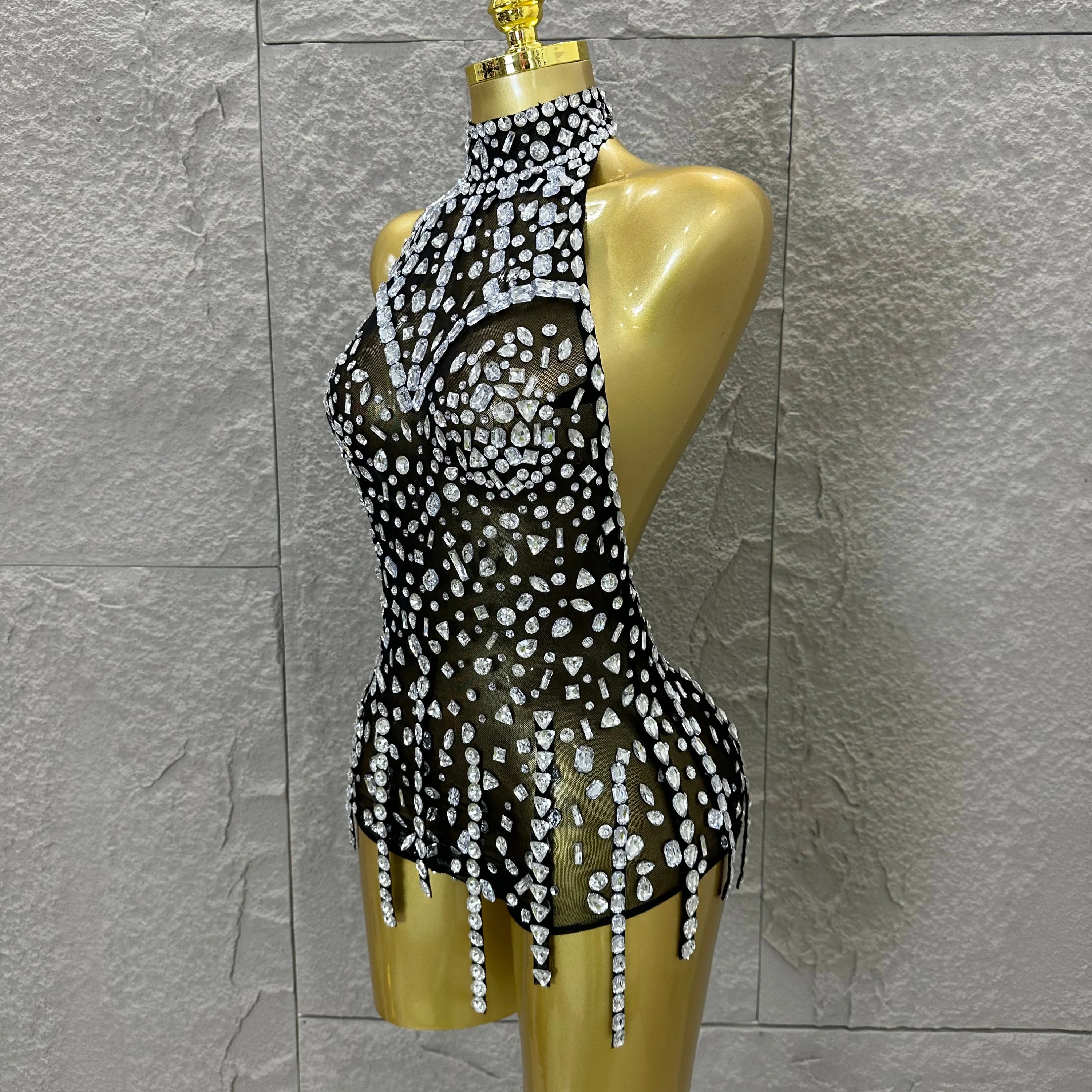 Pink Nude Sleeveless Bodysuit Women Sheer Mesh Crystal Rhinestone Embellished Formal Event Performance Costume