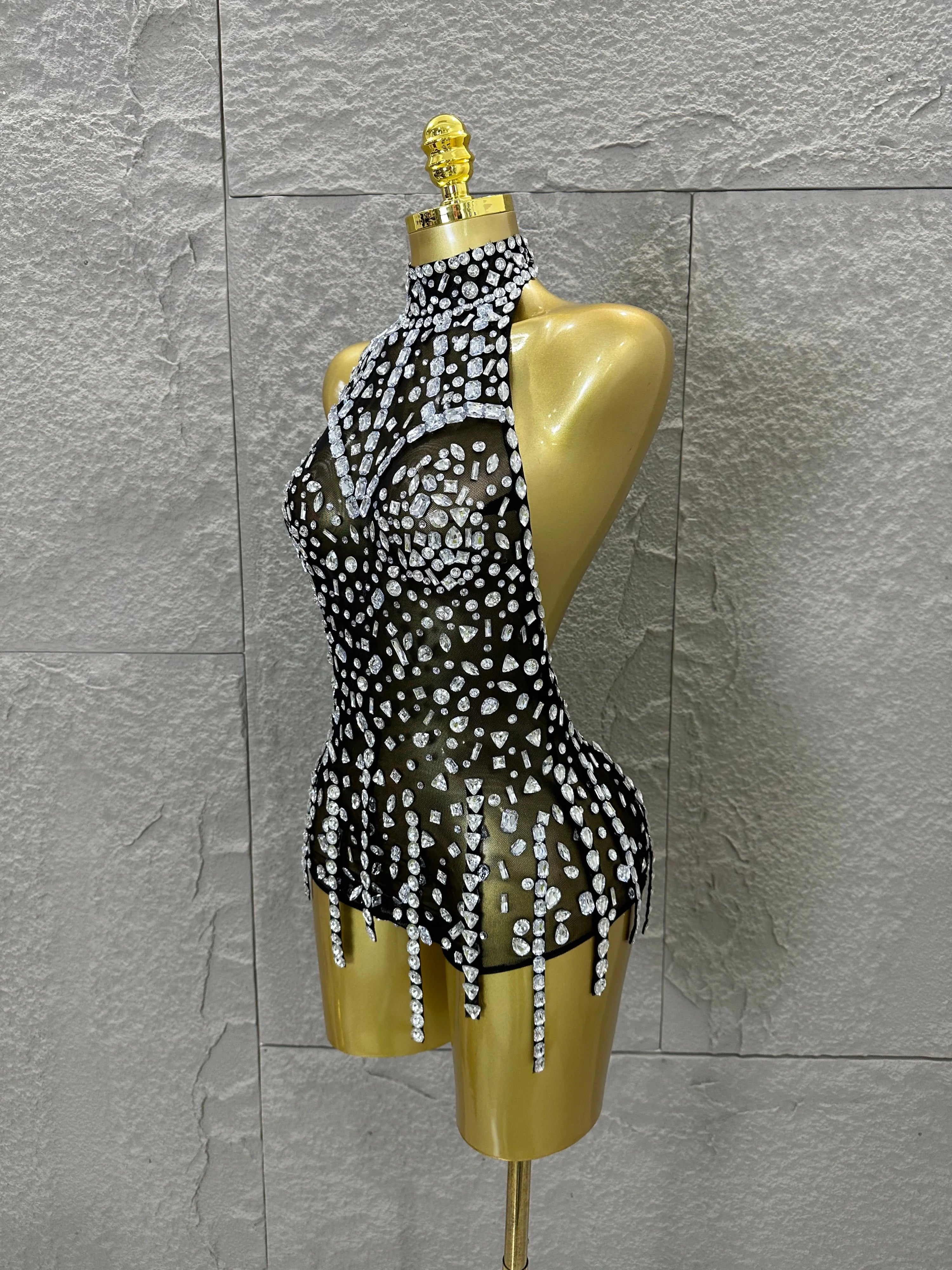 Pink Nude Sleeveless Bodysuit Women Sheer Mesh Crystal Rhinestone Embellished Formal Event Performance Costume