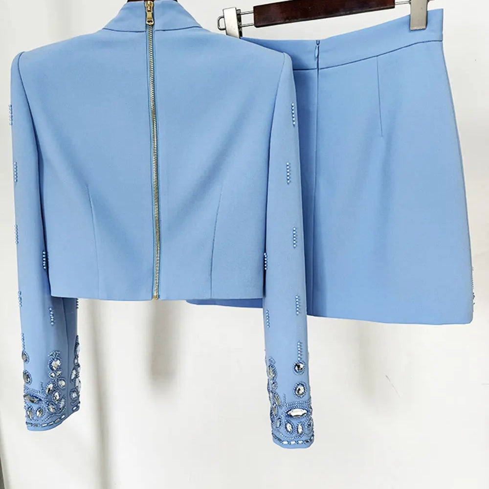 2025 Autumn Elegant Women's Nail Pearl Water Diamond Blue Skirt Sets O-neck Long Sleeve Hoodie Top+Mini Skirt Two Piece Set