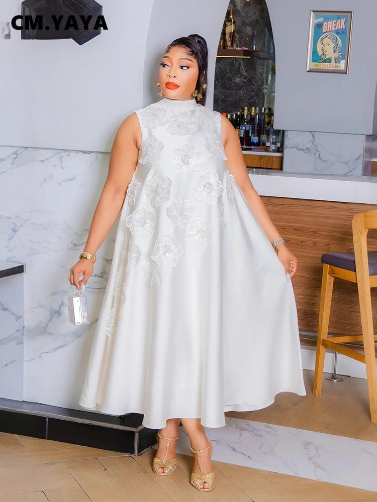 Elegant Women Sleeveless Loose 3D Flower O-neck Dress 2025 Summer Bodycon African Street Midi Maxi Long Dresses Vestidos