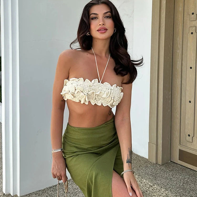 Sexy 3D Floral Knit Crop Top Women Fashion Sleeveless Backless Bandage Halter Tank Female Summer Lady Solid Streetwear