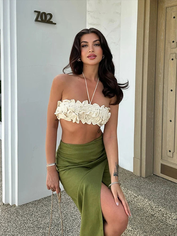 Sexy 3D Floral Knit Crop Top Women Fashion Sleeveless Backless Bandage Halter Tank Female Summer Lady Solid Streetwear