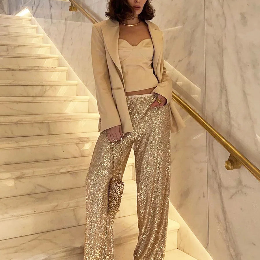 Sequin Pants New Instagram Style Trendy American Pearlescent Sequin Straight Leg Floor mops