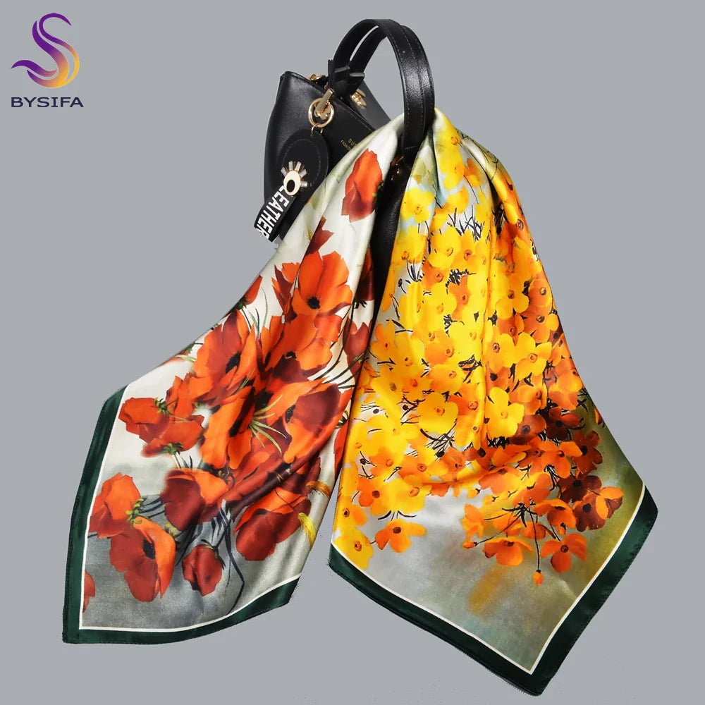 BYSIFA| New Grey Blue Silk Scarf Fashion Floral Design 70cm Square Scarves Fall Winter Neck Scarf Hijab Sweet Headband 65*65cm green 1