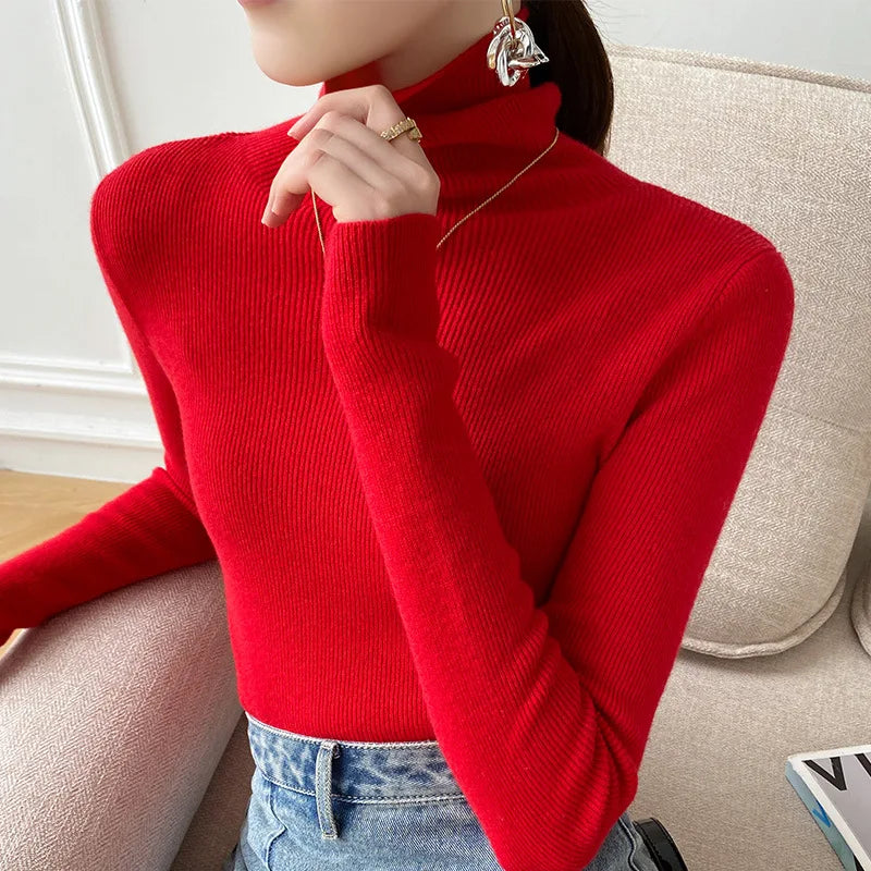 Women Sweater Winter Cashmere Turtleneck Warm Knitwear Korean Casual Solid Bottoming Shirt Fashion Knit Pullovers Brown Sweater Red