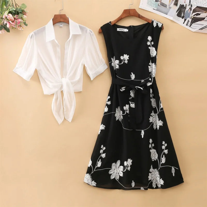 New Elegant Suit Two-piece Dress High Waist Sleeveless Slim A-line Skirt Floral Embroidery White Top Bow Belt Vintage WOMEN