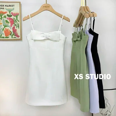 French New Female Sexy Bow Above Knee Suspender Dress Women's Summer Fashion Elegant Sleeveless A- Line High Waist Dress style B white