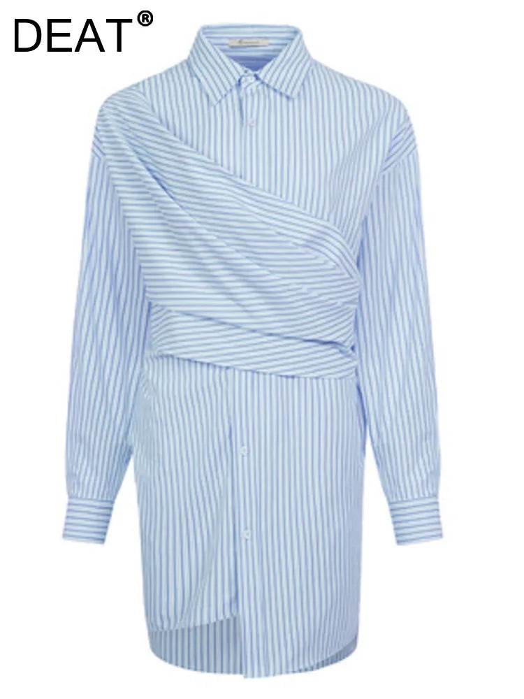 DEAT Fashion Women Blue Stripe Shirt Dress Lapel Single Breasted Full Sleeves Waist Retraction Folds Dresses Spring New