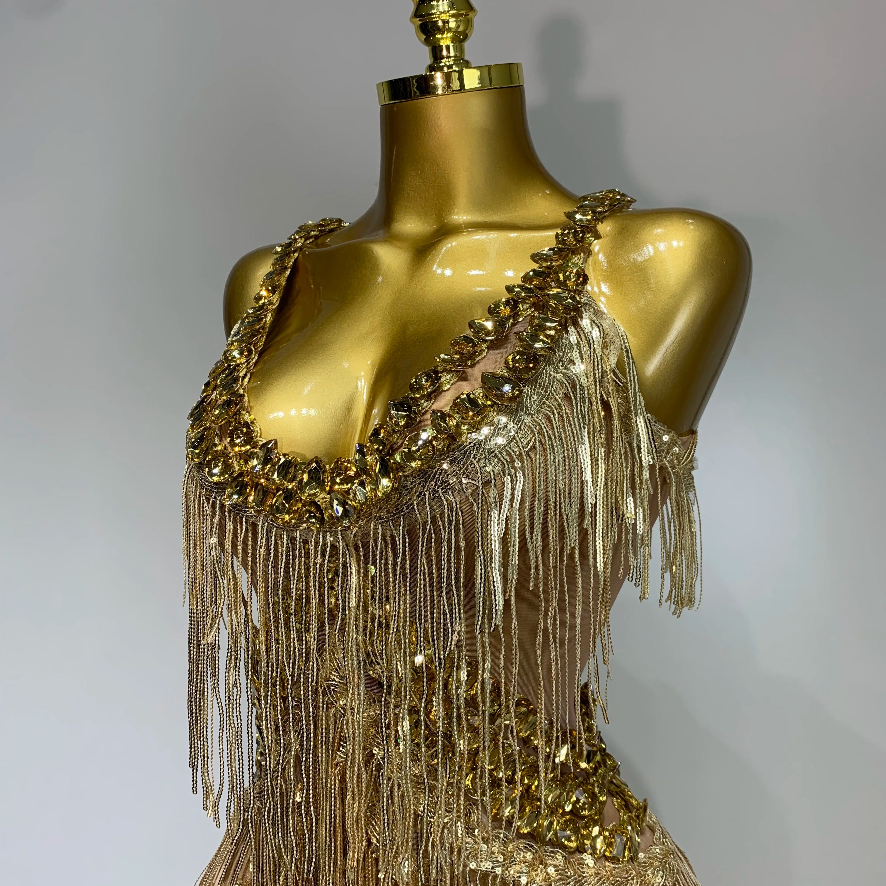 Women Sparkly Glod Rhinestones Sequined Fringe jumpsuit Sexy Nightclub Party Birthday Outfit Show Singer Stage Perform Costume