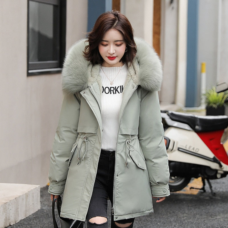 Women Parka Fashion Long Coat Wool Liner Hooded Parkas 2022 New Winter Jacket Slim with Fur Collar Warm Snow Wear Padded Clothes Green