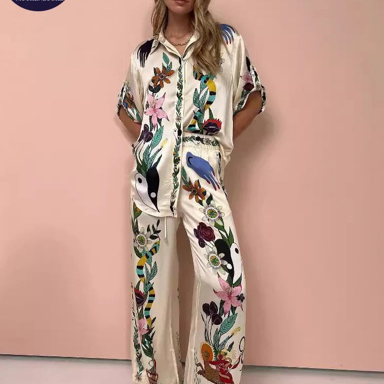 2 Piece Sets Women Outfit Summer New Bohemian Style Printing Half Sleeve Shirt Suits Fashionable Casual Loose Wide Leg Pant Set