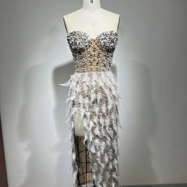 New Women Summer Sexy Strapless Backless Sequins Feather Pearl Beading Ankle Length Dress 2023 Elegant Evening Party Dress